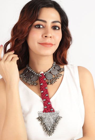 Red & Black Thread & German Silver Tribal Choker With Bold Pendant
